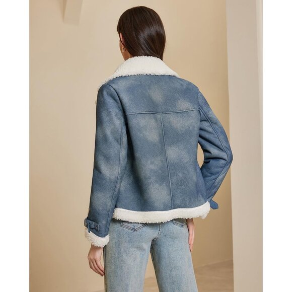 Women's Blue Denim Leather Jacket Fur Winter Coat Warm Thick Fur Lined Faux - Picture 4 of 6